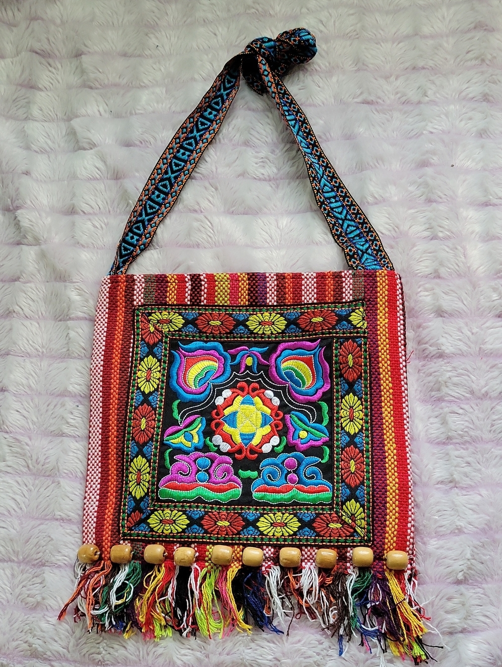 Colorful Woven Beaded Fringe Folk Art Textile Festival Hippie Crossbody Purse